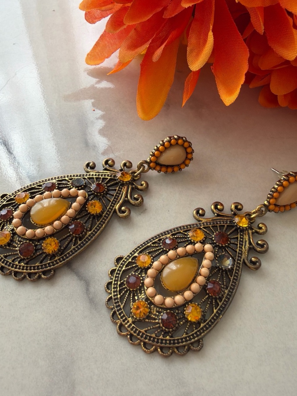 Forever 21 Antique-Gold Teardrop Earrings with Yellow and Peach Accents